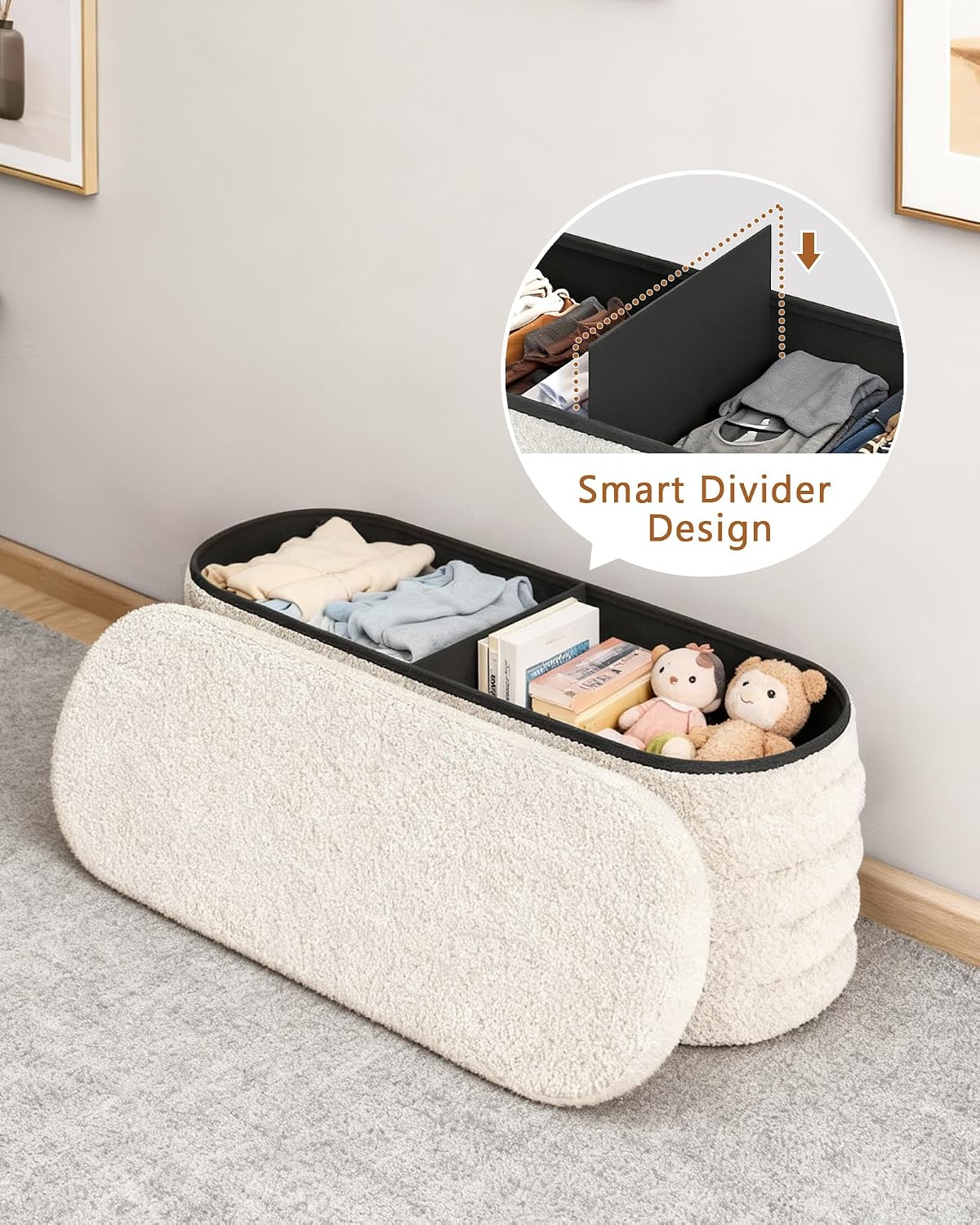 GLAXYFUR Storage Ottoman Bench, 43" Entryway Shoe Seat, Sherpa White