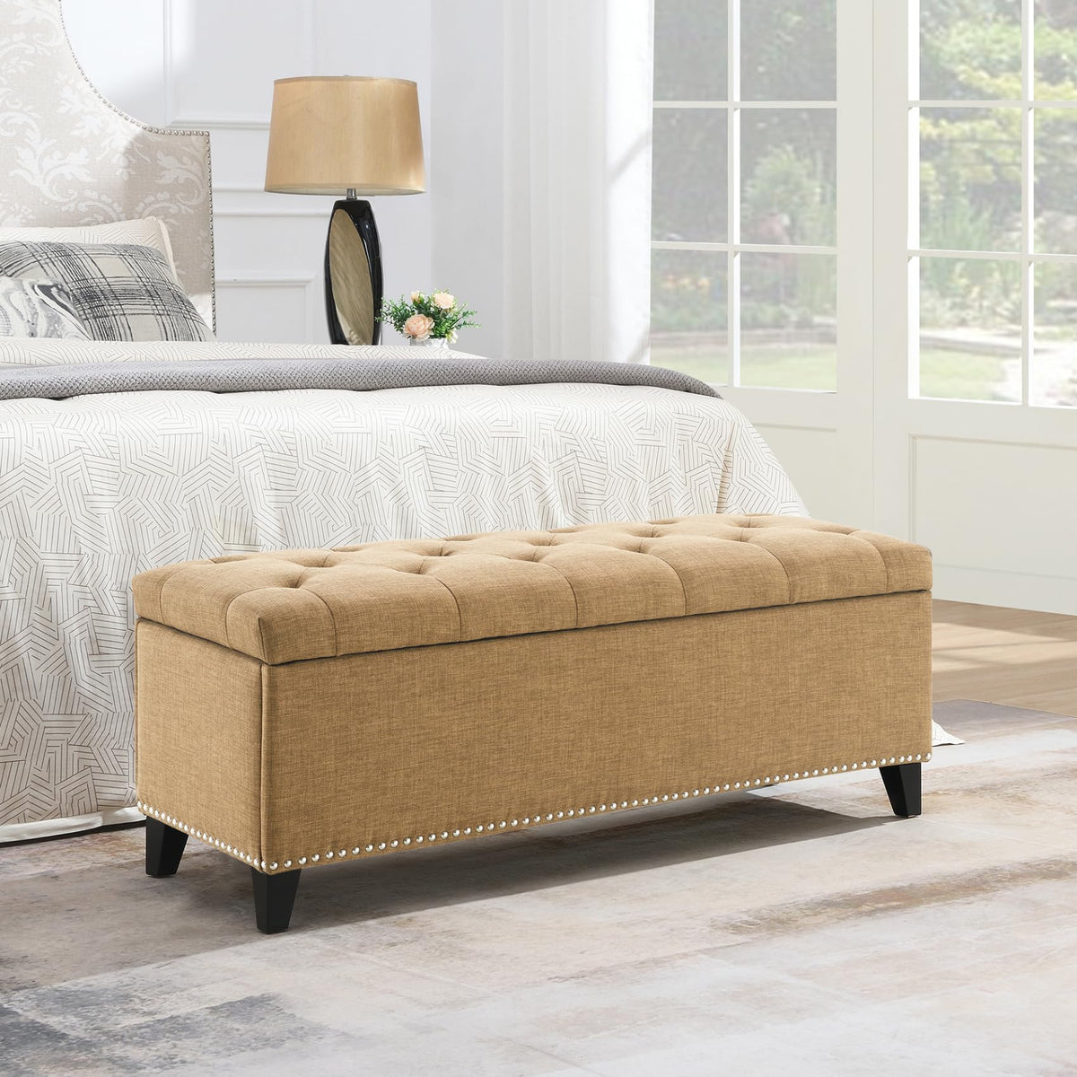 Storage Bench for Bedroom, 65.2'' Tufted End of Bed King Size Upholstered Extra-Long Bench with Dual Flip-Top Lids for Entryway, Hallway, Cloakroom, Window, Griege.