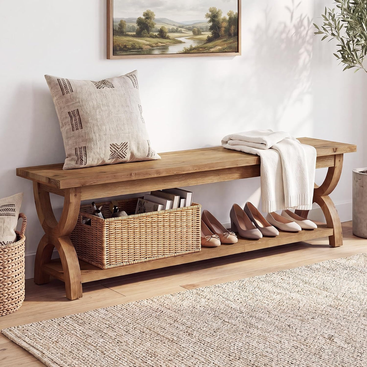 LITTLE TREE Solid Wood Shoe Storage Bench with 2-Tier Shelf