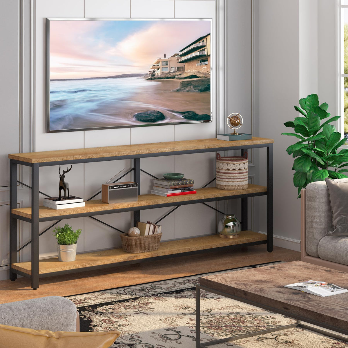 Sofa Table, 3 Tiers TV Stand 70.8 Inches Console Table Extra Long with Storage Shelves for Living Room, Entryway