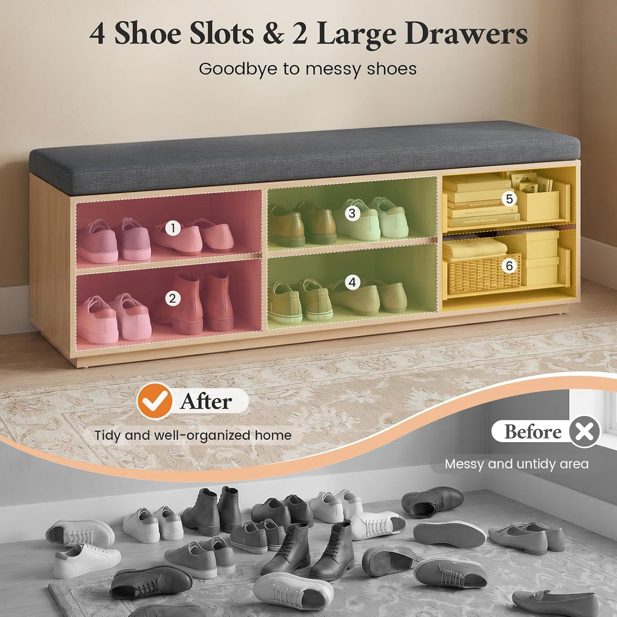59" Storage Bench with Drawer, 2-Tier Shoe Bench with Storage, Long Entryway Bench, Thickened Cushion, Adjustable Shelf, Recessed Design for Entryway, Bedroom, Living Room, Natural