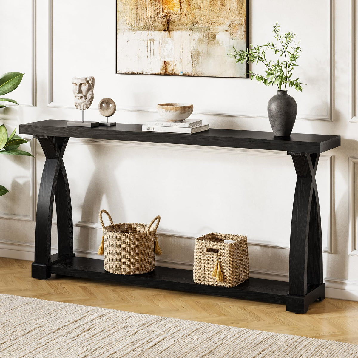 Solid Wood Console Table for Entryway, 63-Inch Narrow Farmhouse Couch Table Behind Sofa with 2-Tier Storage for Entrance, Foyer, Living Room, Long, Rustic Brown