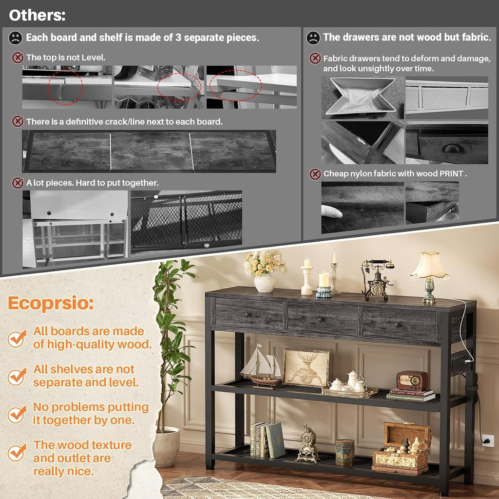 Ecoprsio Entryway Table with Power Outlets, 47" Console Table with Drawers
