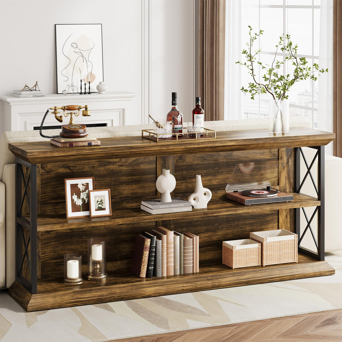 63" Entryway Console Table with 3-Tier Storage Shelf, Behind Couch