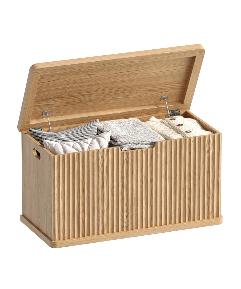 Akxomel 37.4" Fluted Storage Chest Wooden Storage Trunk 2 Safety Hinges Oak