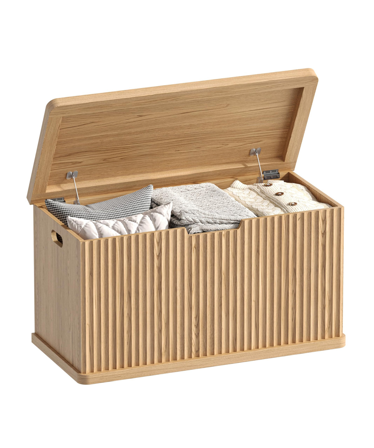 Akxomel 37.4" Fluted Storage Chest Wooden Storage Trunk 2 Safety Hinges Oak
