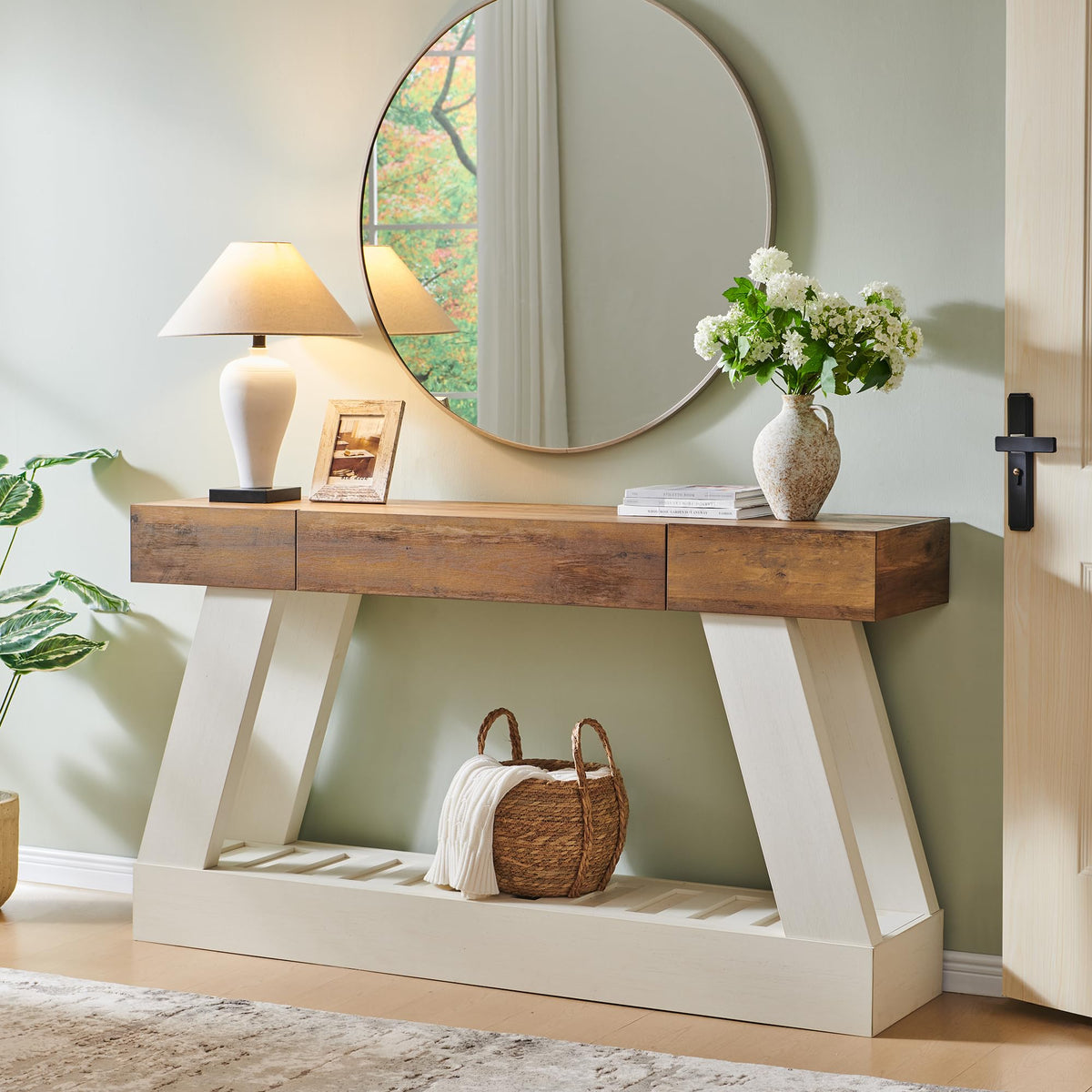 60" Entryway Table with Drawer Wooden Hallway Table with Heavy Duty Base