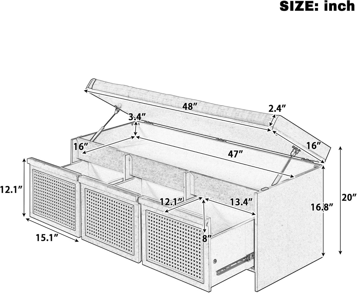 48" Entryway Storage Bench with 3 Rattan Drawers，Natural