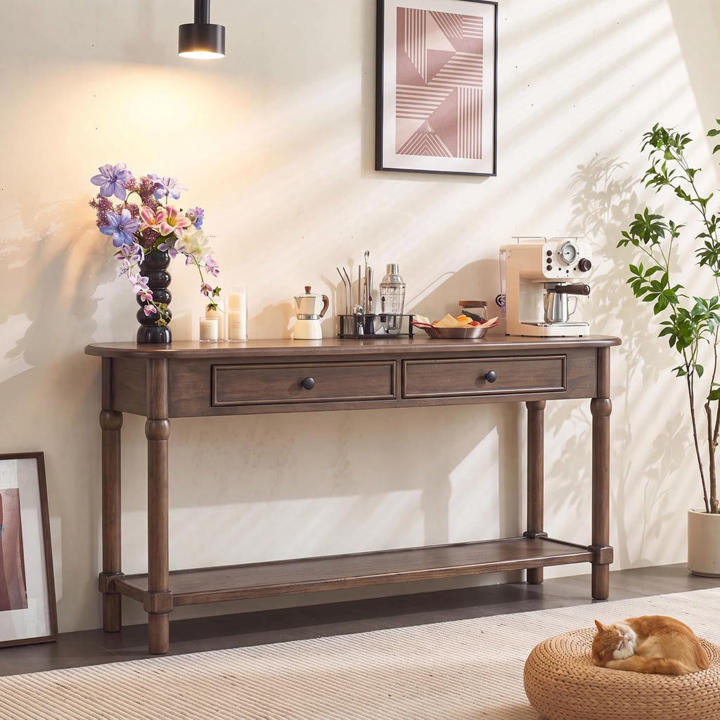 Merax 59.5" Console Table with 2 Drawers and Shelf, Walnut