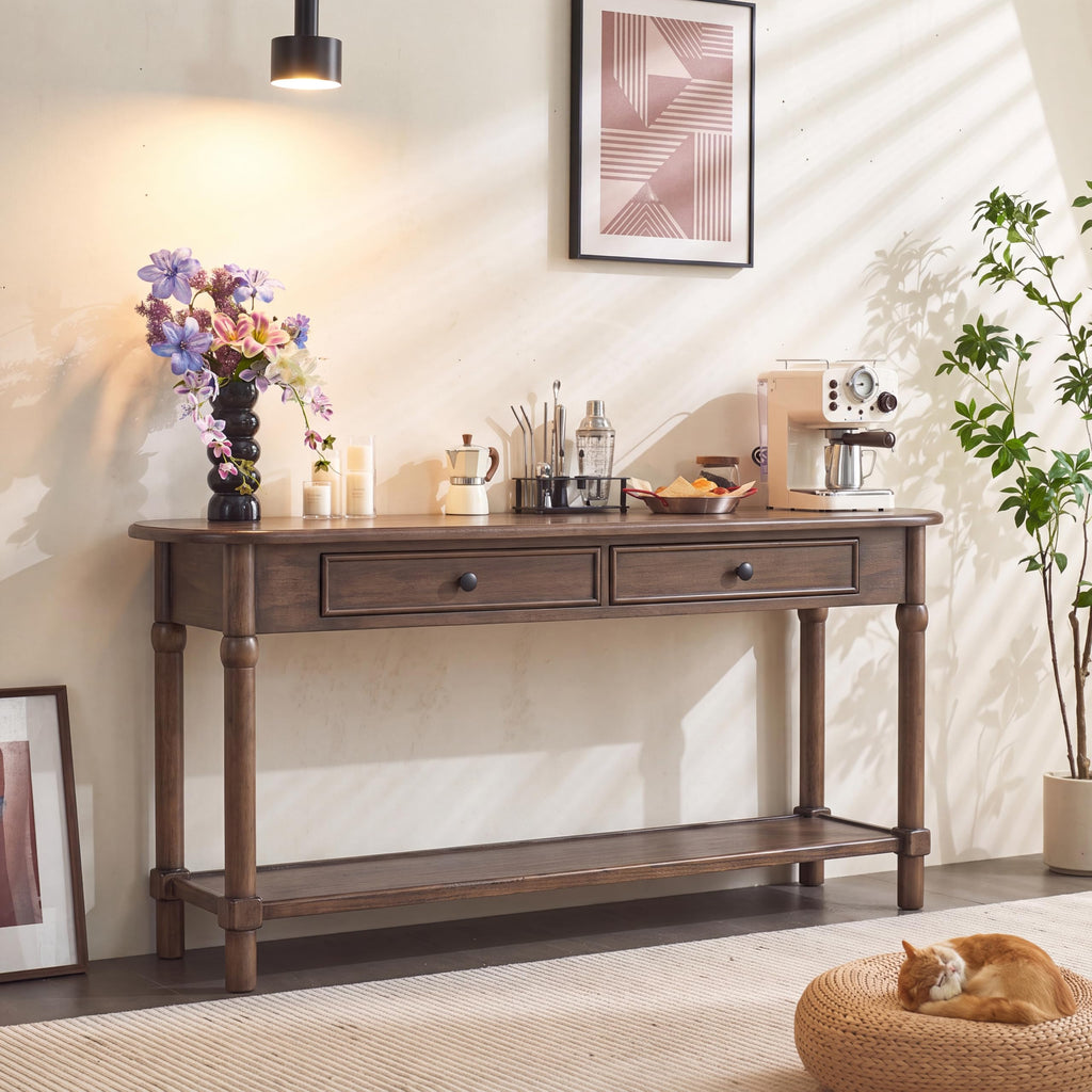 Merax 59.5" Console Table with 2 Drawers and Shelf, Walnut
