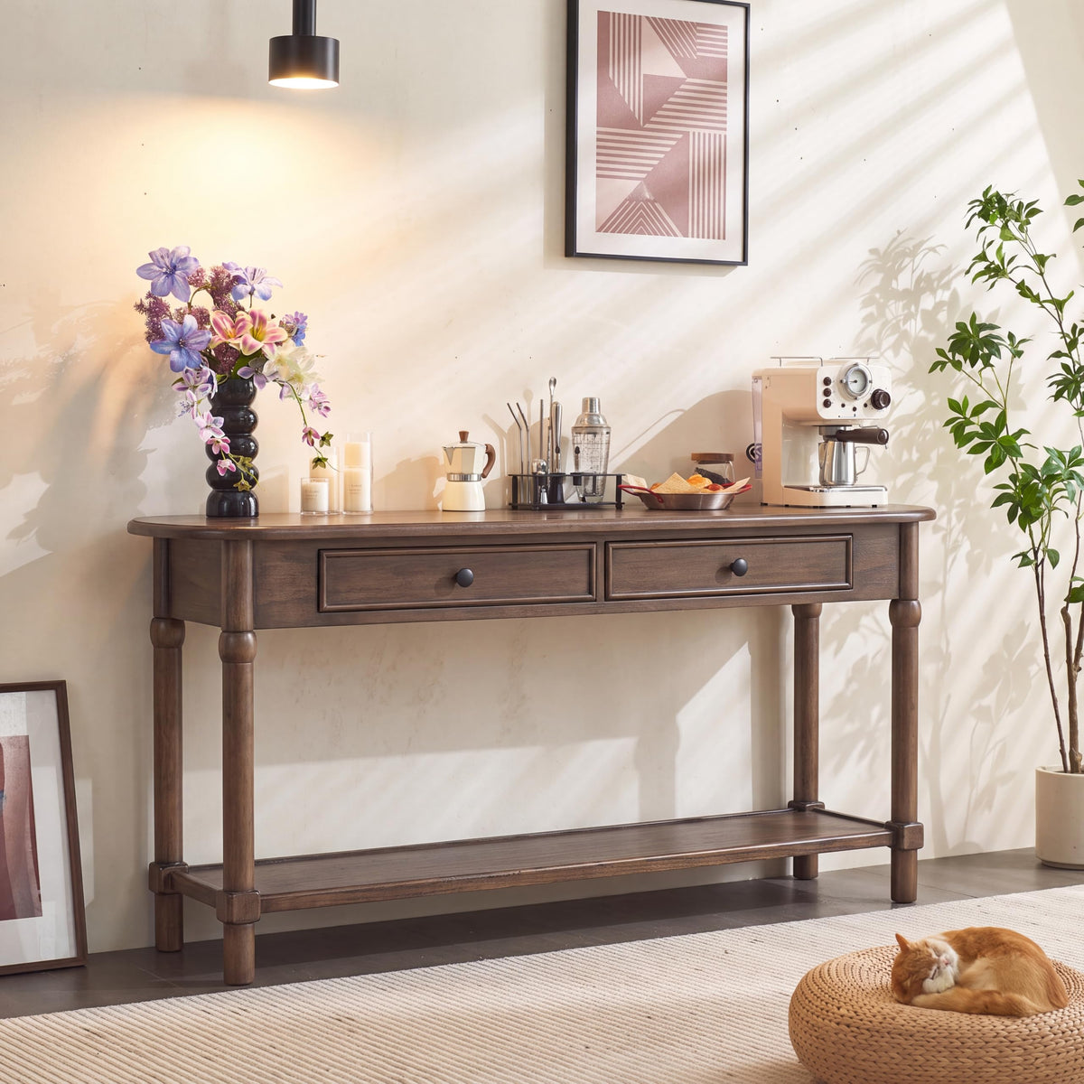 Merax 59.5" Console Table with 2 Drawers and Shelf, Walnut
