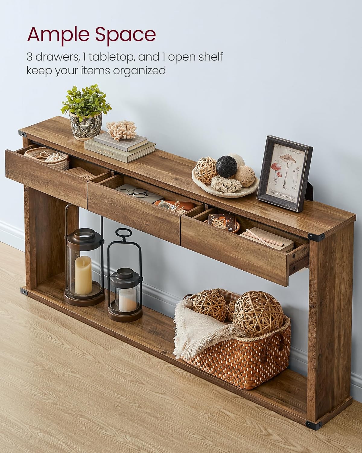VASAGLE 63" Console Table with 3 Drawers, Entryway Table, Bottom Shelf