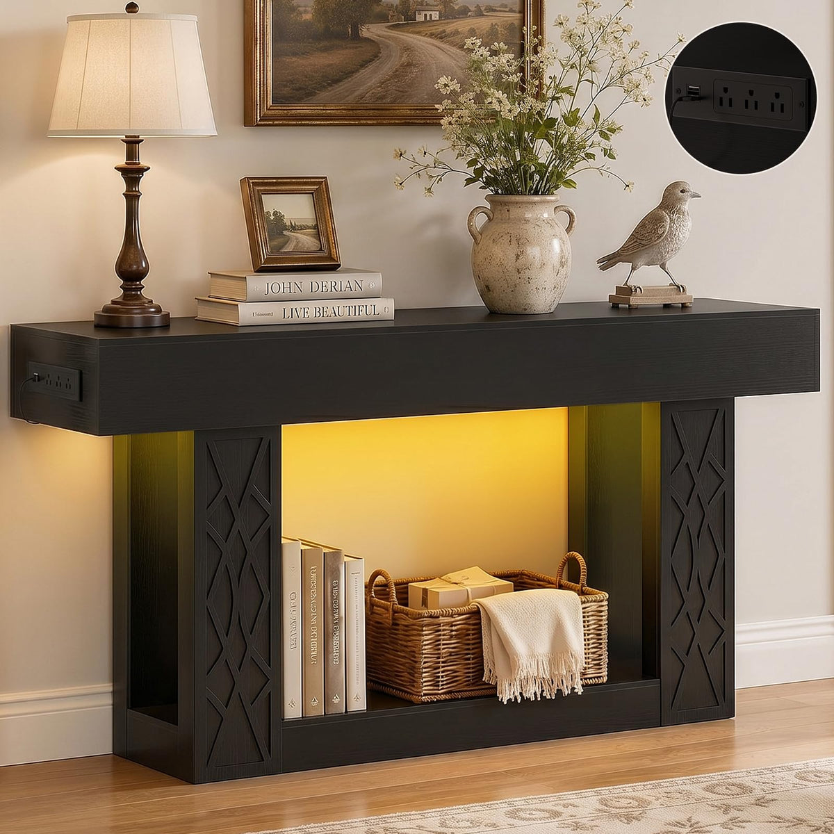 Unikito 47" Console Sofa Table with Power Outlet & LED Light, Grey & Brown