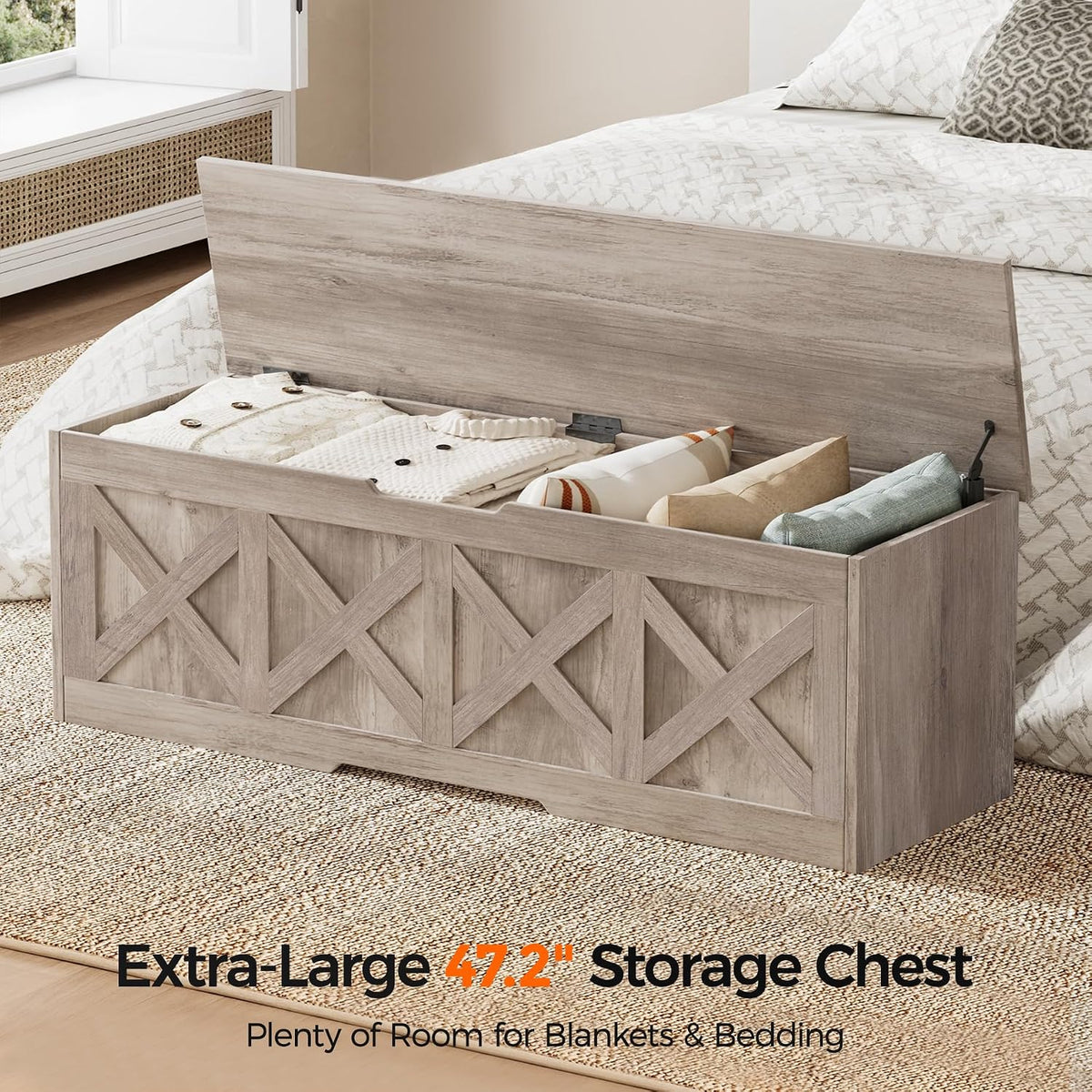 Homleke 47.2" Extra-Large Wooden Storage Chest, Farmhouse Storage Bench