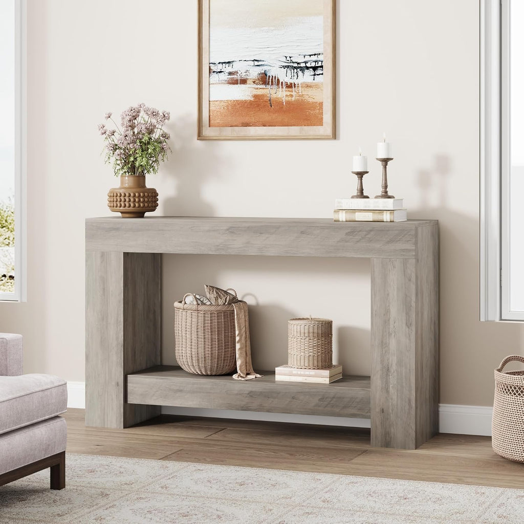 GarveeHome 47" Farmhouse 2-Tier Console Table for Entryway, Grey