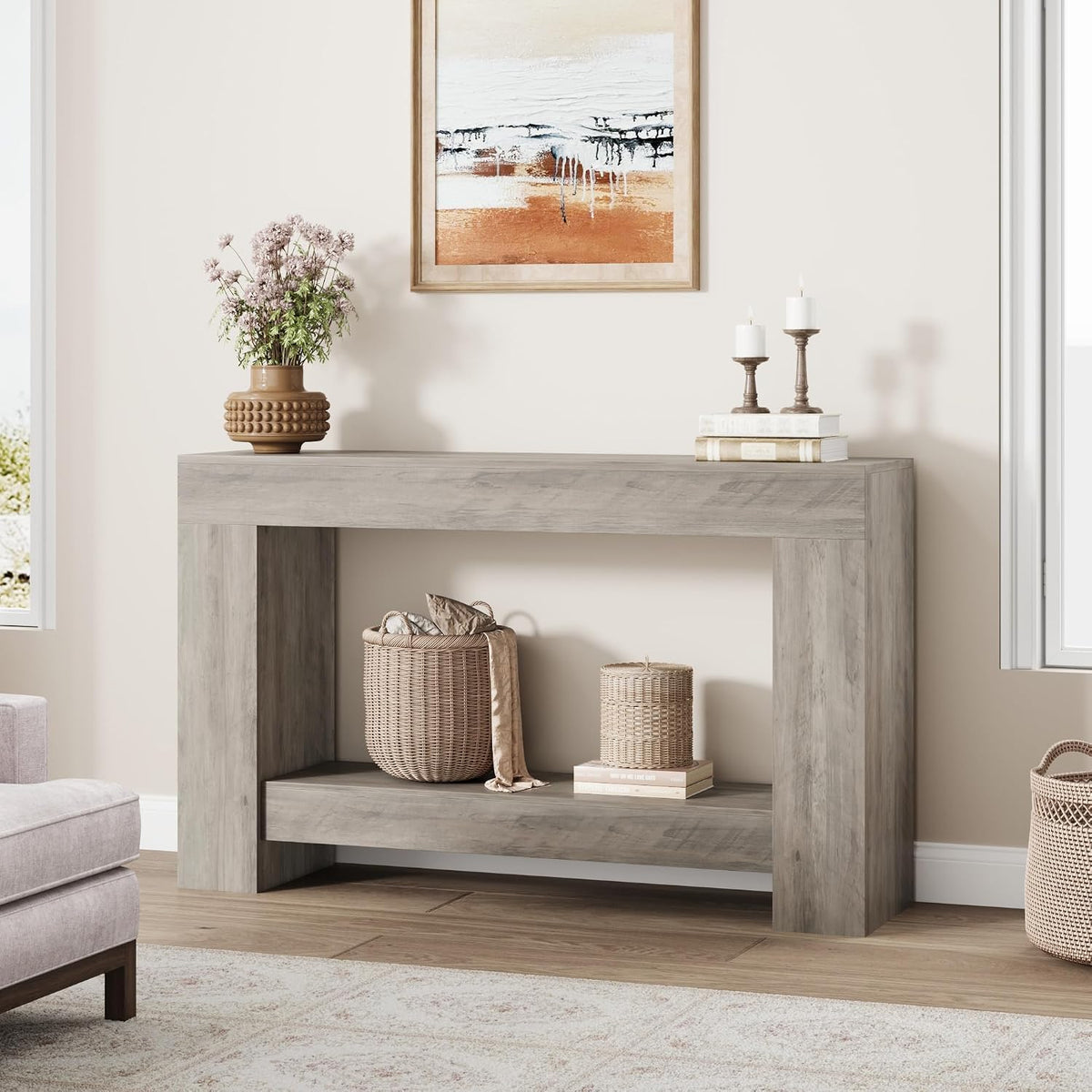 GarveeHome 47" Farmhouse 2-Tier Console Table for Entryway, Grey