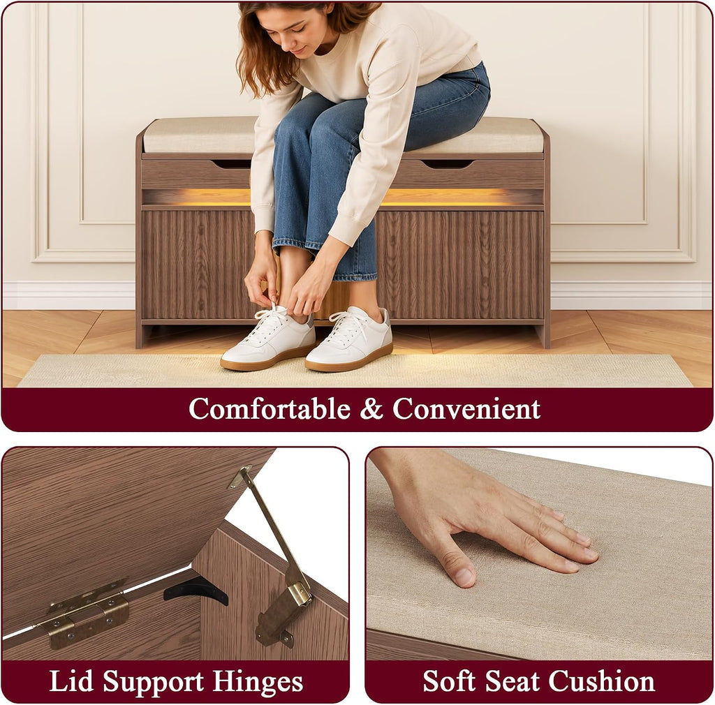 HOMEFORT Shoe Storage Bench, Modern Entryway Bench with Fluted Doors & Built-in LED Sensor Light, Wooden Shoe Bench with Cushion for Hallway and Bedroom, Walnut