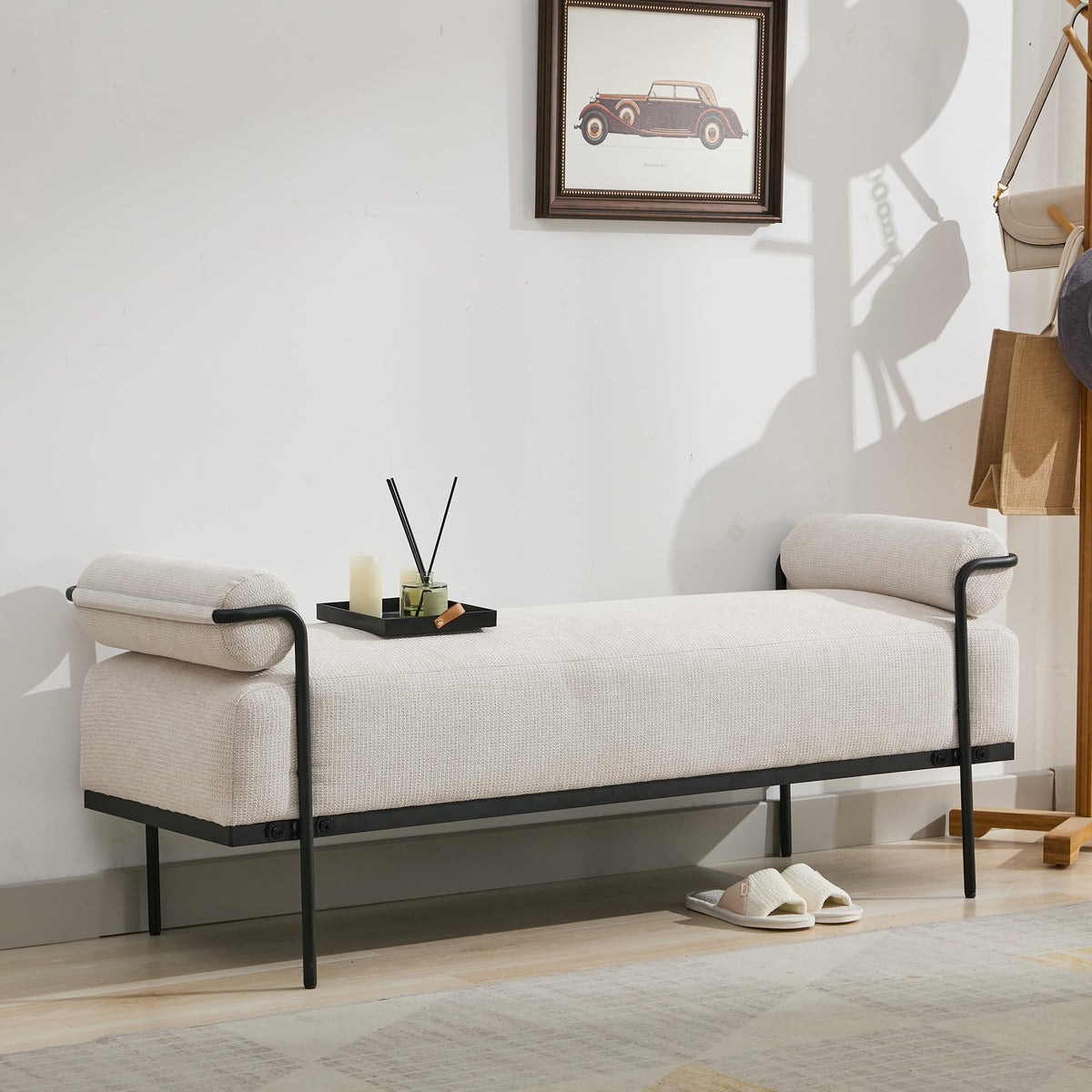 SOFTHION 61.2" End of Bed Bench, Chenille Upholstered Entryway Bench, Beige