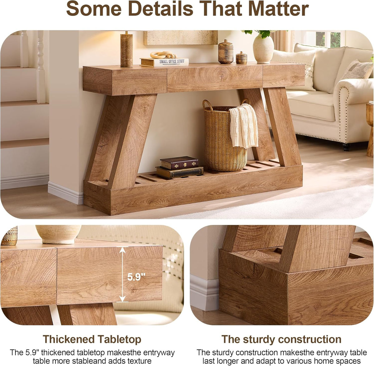 60" Entryway Table with Drawer Wooden Hallway Table with Heavy Duty Base