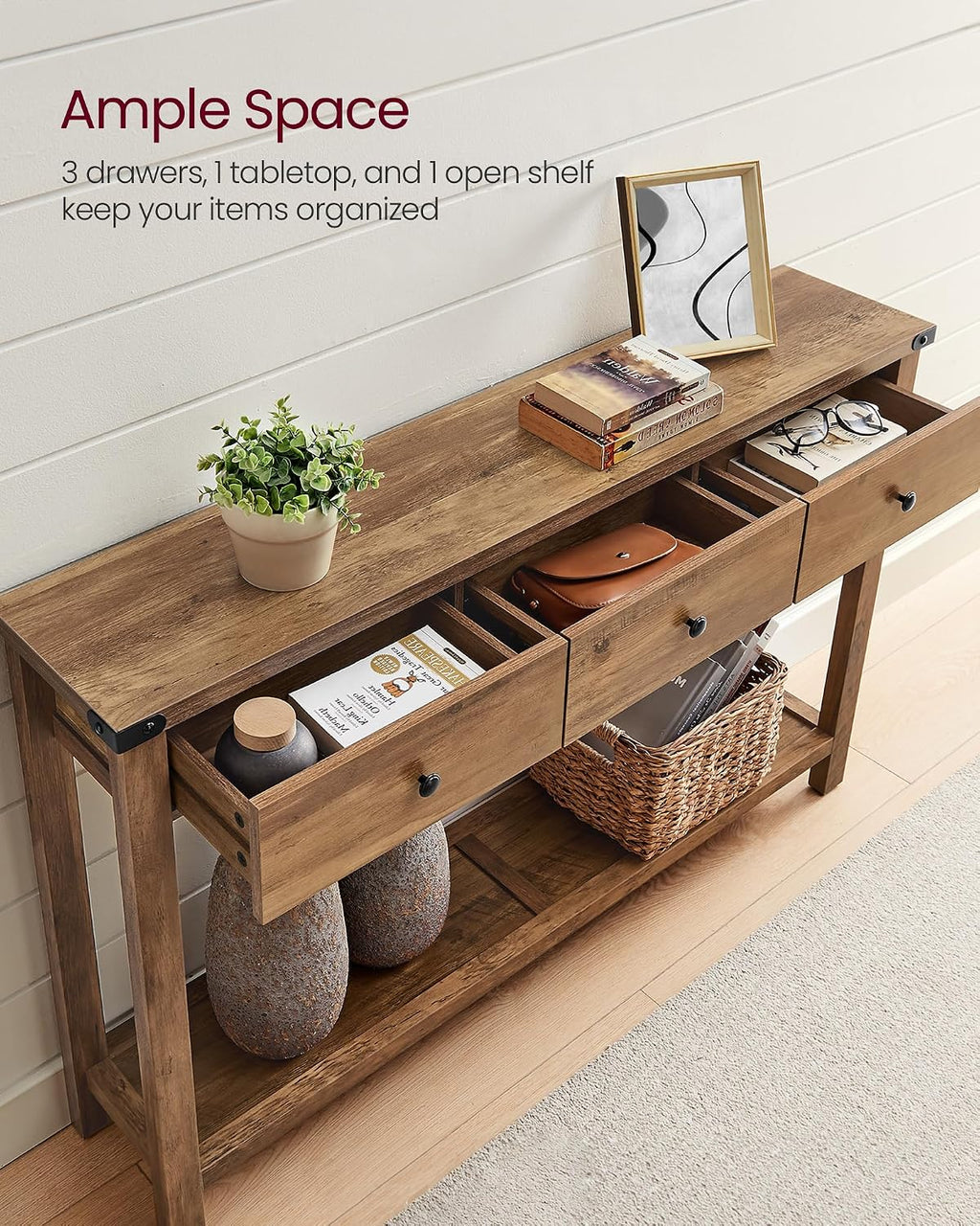 VASAGLE 47.2" Narrow Console Table with 3 Drawers and Open Storage Shelf
