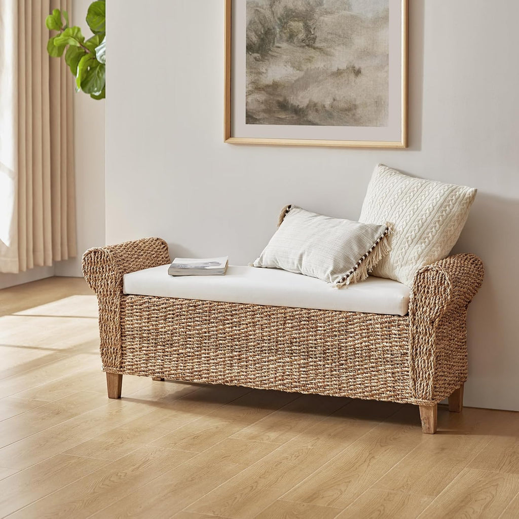 HULALA HOME 56" Rattan Storage Bedroom Bench with Rolled Armrests, Natural