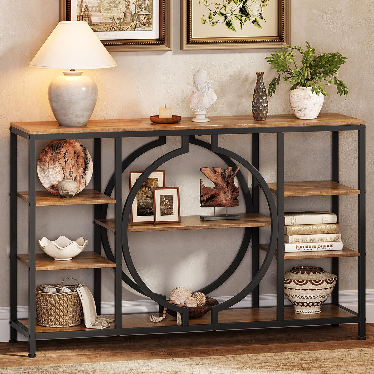 GiftGo 47" Industrial Console Tables for Entryway Rustic Sofa Table Behind Couch 4 Tier Wooden Shelves Entry Table with Storage for Foyer, Hallway, Front Door,Living Room (White Gold, 47")
