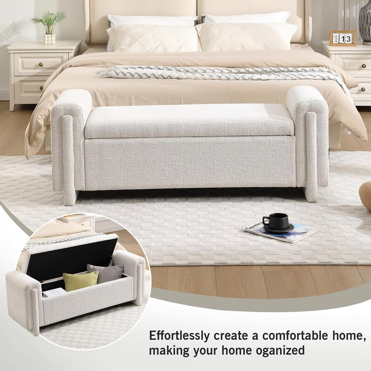 CIMOTA Modern Storage Ottoman Bench, 58” Large Upholstered Storage Bench with Armrests, Boucle Fabric Bedroom End of Bed Bench-Comfy Padded Footstool for Living Room, Entryway, White