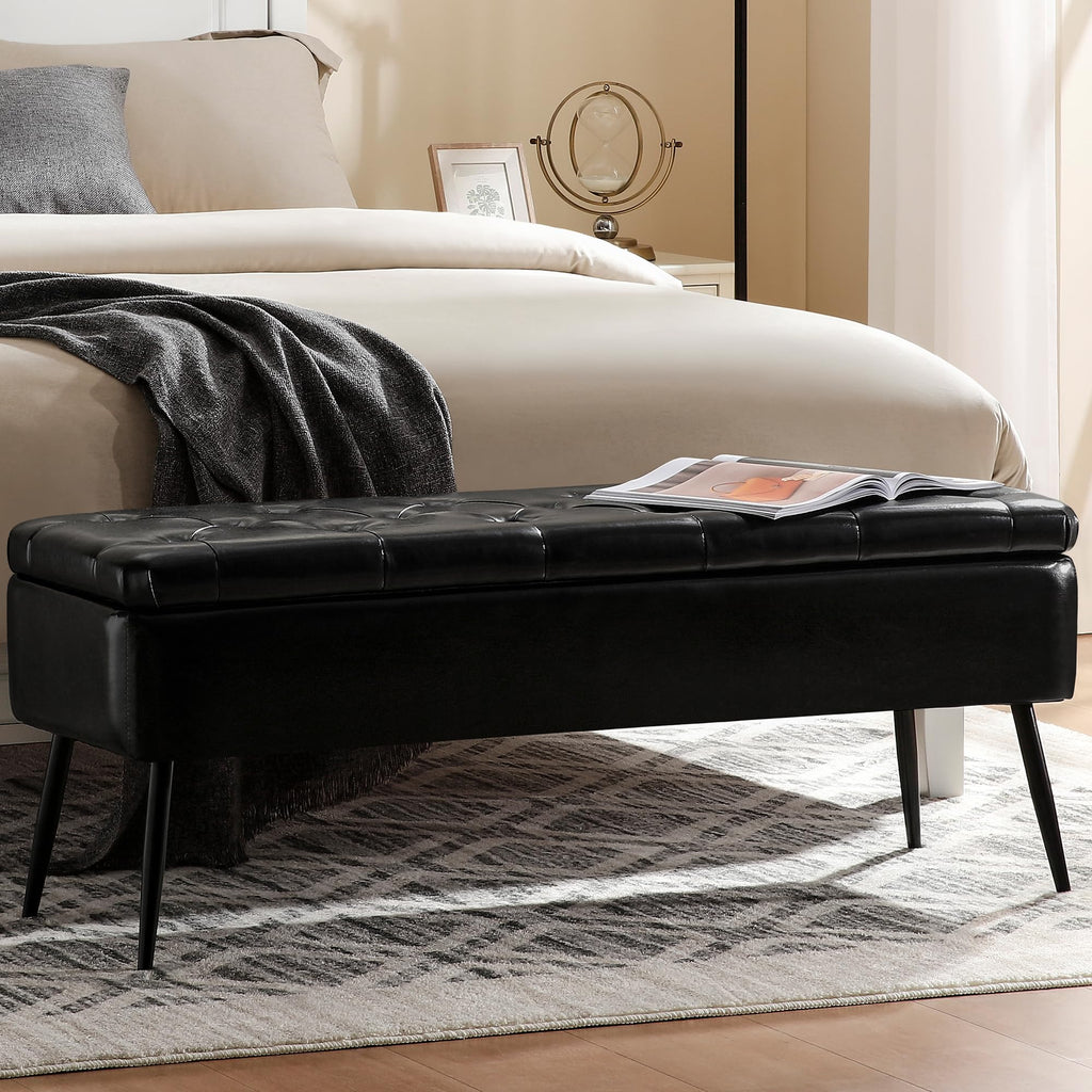 kinmars Leather Storage Ottoman Bench, End of Bed Bench with Steel Legs