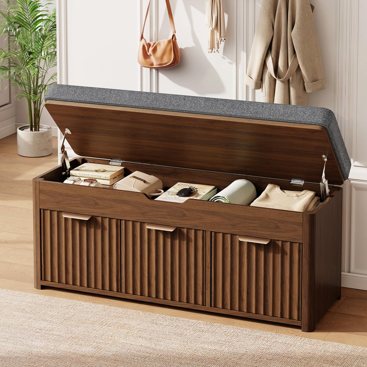 37.4" W Shoe Bench with Storage, Lift Top Entryway Bench, Walnut
