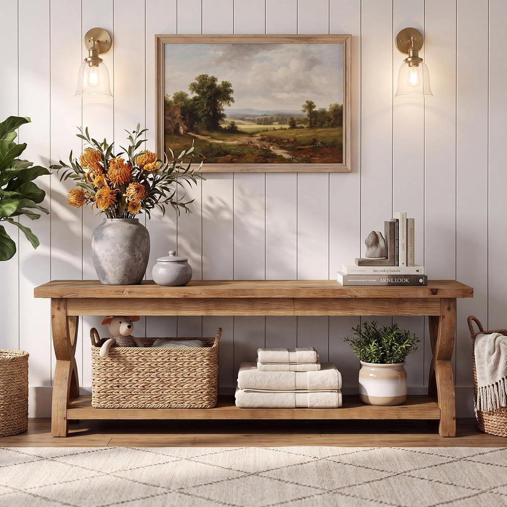 LITTLE TREE Solid Wood Shoe Storage Bench with 2-Tier Shelf