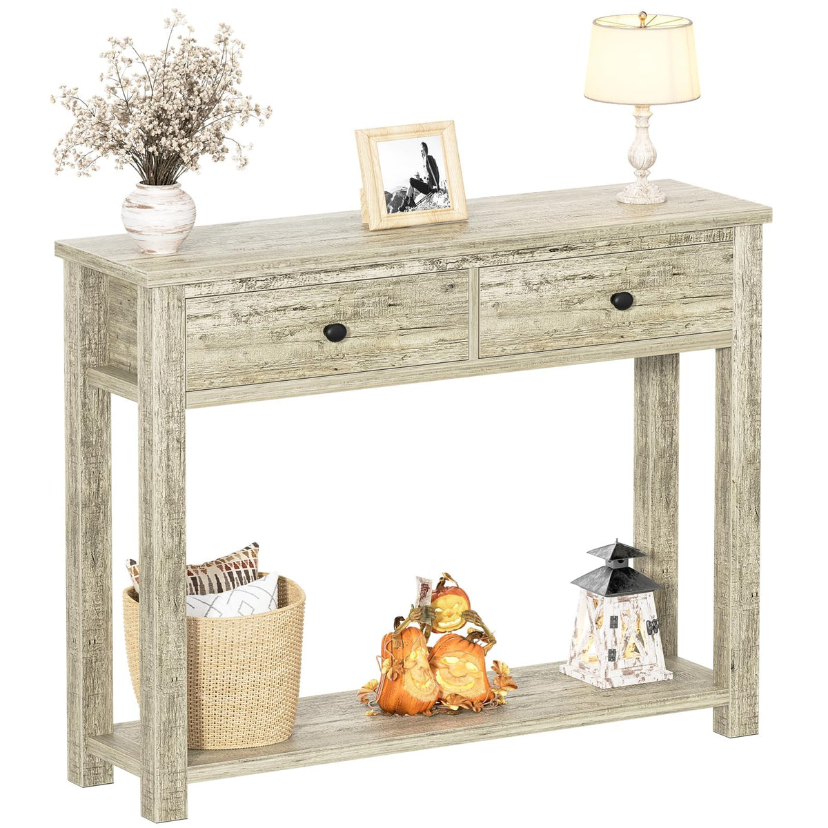 Homieasy Farmhouse Console Table with 3 Drawers, 47 Inch Wood Sofa Table with Storage Shelf for Living Room, Behind Couch, Entryway Table for Hallway, Living Room, or Foyer, Brown and Antique White