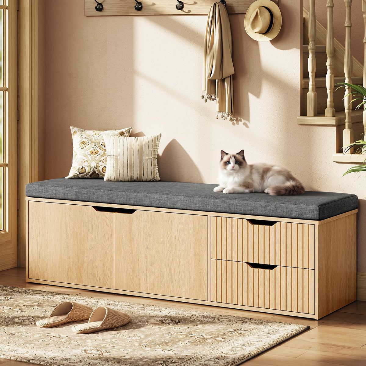 59" Storage Bench with Drawer, 2-Tier Shoe Bench with Storage, Long Entryway Bench, Thickened Cushion, Adjustable Shelf, Recessed Design for Entryway, Bedroom, Living Room, Natural