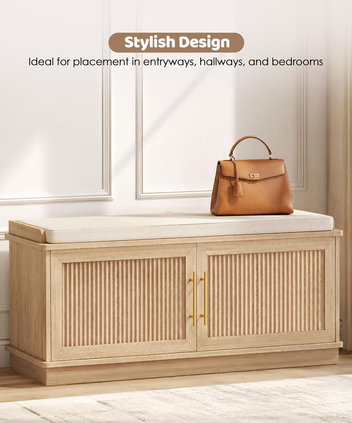 Akxomel 39.4" Fluted Shoe Storage Bench 2 Doors Wooden Entryway Bench Oak