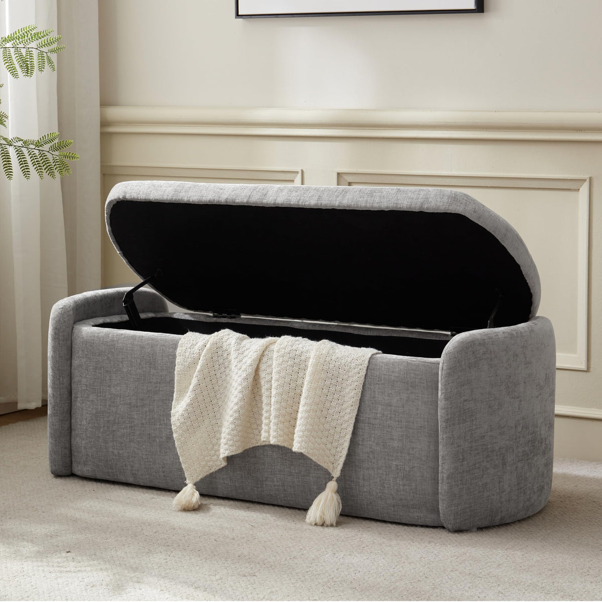 VKNOW Storage Bench, Upholstered Storage Ottoman Bench with Hinge, Khaki