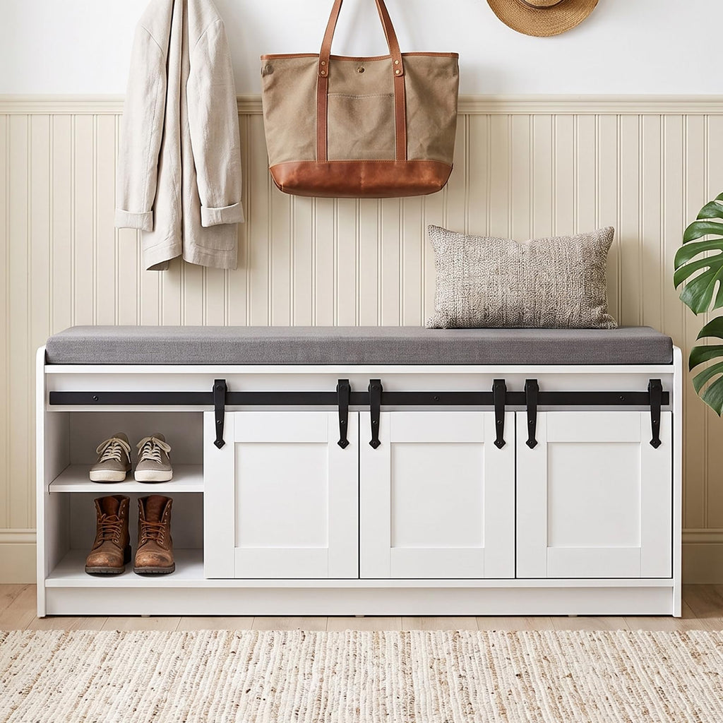 42" Farmhouse Shoe Storage Bench with Seating Cushion,for Entryway