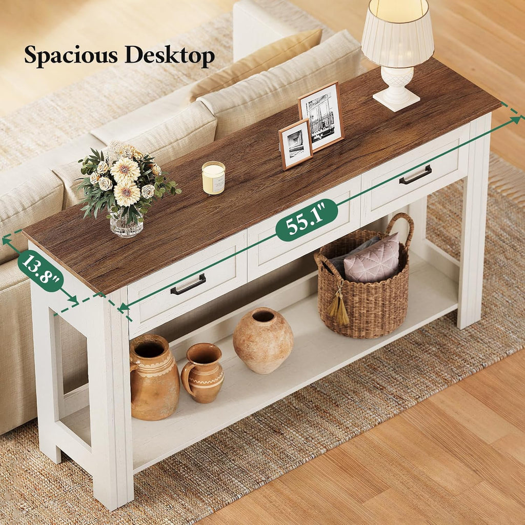 55" Farmhouse Console Table with 3 Drawers, Rustic Entryway Table