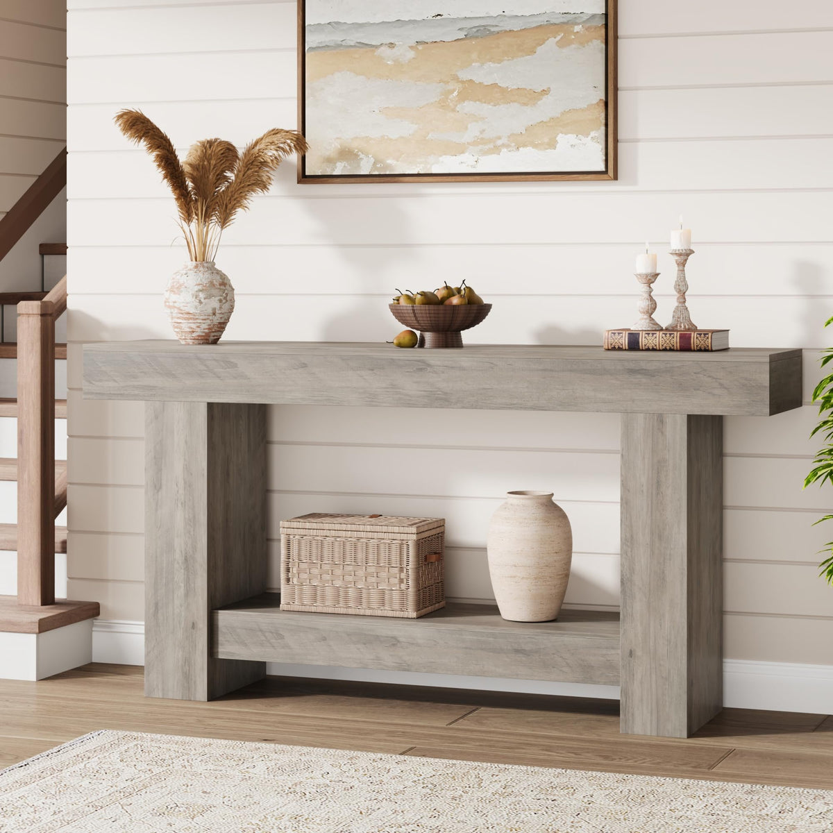GarveeHome 47" Farmhouse 2-Tier Console Table for Entryway, Grey