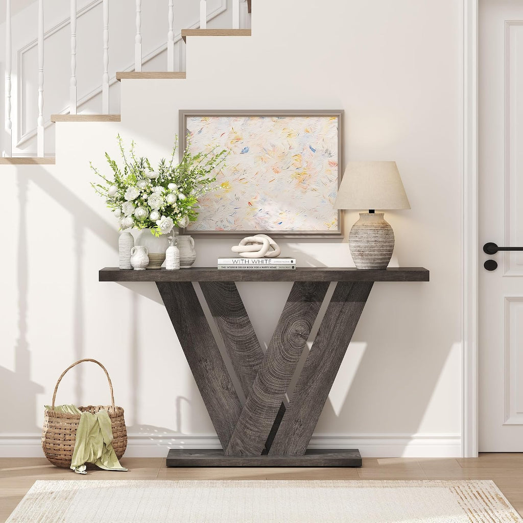 51" Console Table, V-Shaped Entryway Table, Wood Sofa Table Behind Couch