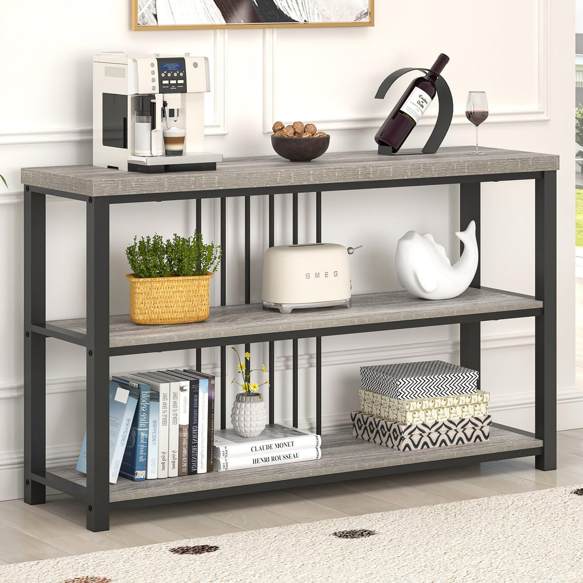 FOLUBAN Modern Sofa Table for Entryway, 3 Tier Narrow Console Table for Living Room Hallway Behind Couch, Rustic Oak