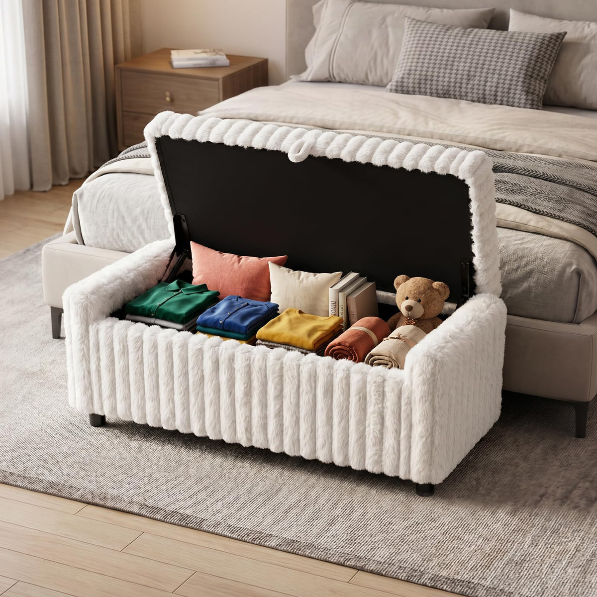 46" Storage Ottoman Bench, 30 Gallon Faux Leather Storage Bench with Handles & Soft-Close Hinged Lid for Blanket and Pillow, Load 350 lbs, End of Bed Bench for Bedroom, Entryway & Living Room, Brown