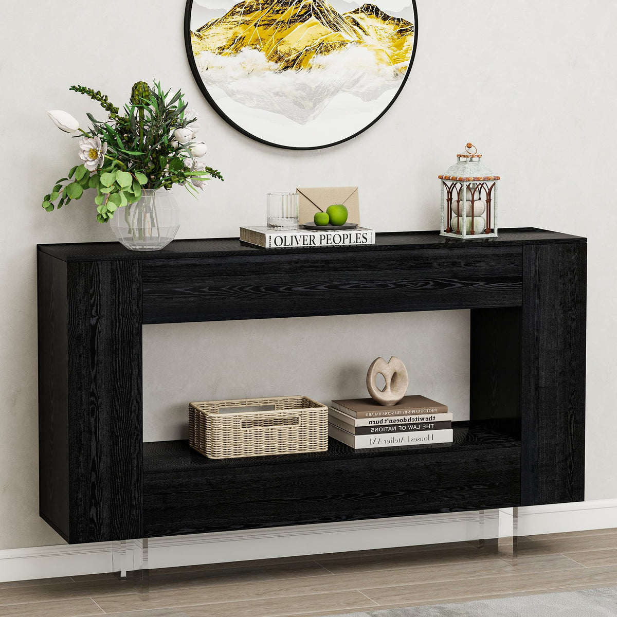 47" High Gloss Console Table with Hidden Side Storage, Black