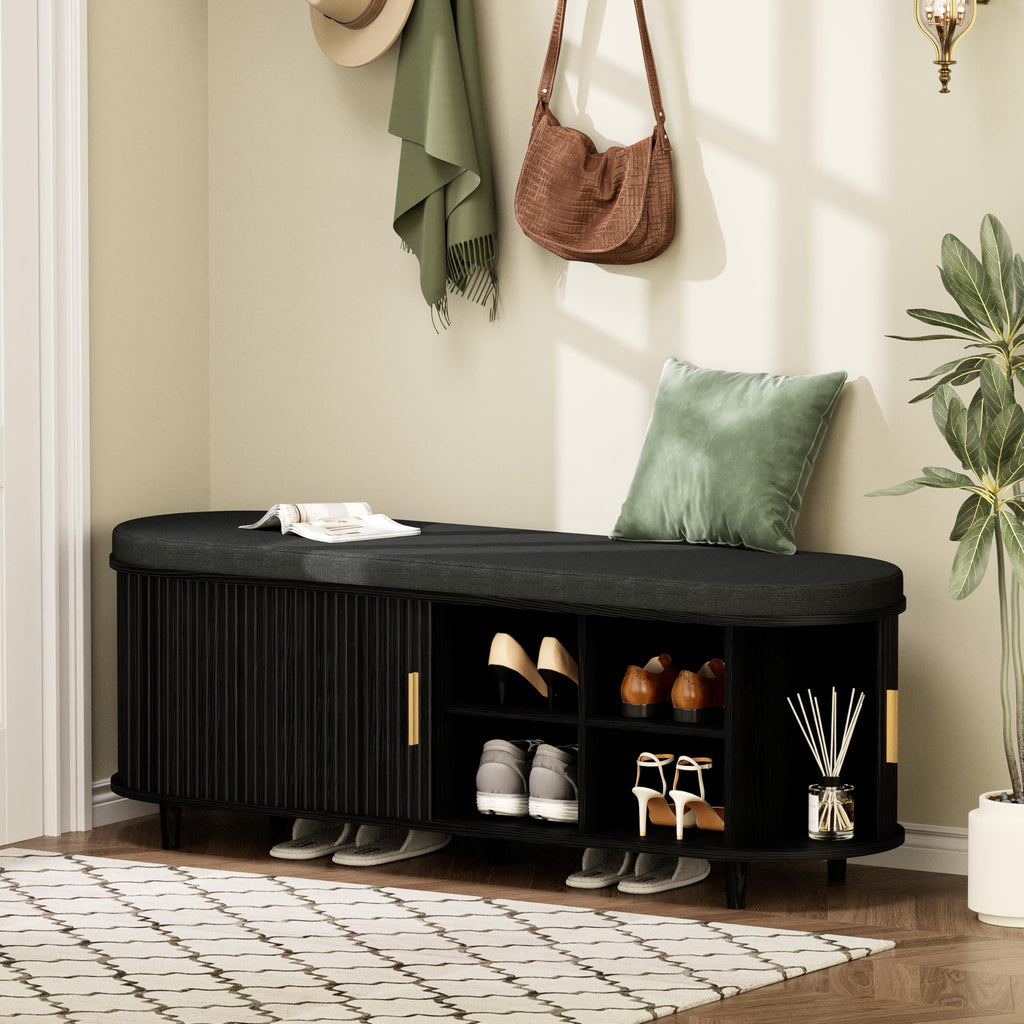 DHH 2-Tier Storage Bench,Wide Shoe Bench with Thickened Padded Seat Cushion, Mid Century Modern Fluted Sliding Door and Adjustable Shelf, for Entryway, Living Room, Bedroom (Walnut, 43.3“)