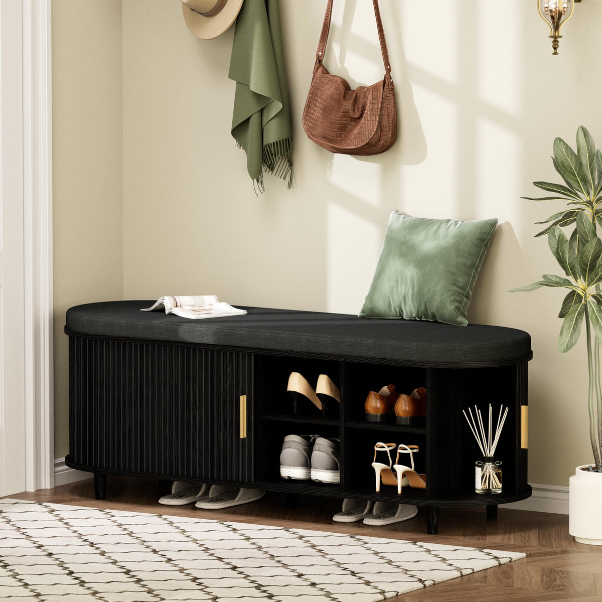 DHH 2-Tier Storage Bench,Wide Shoe Bench with Thickened Padded Seat Cushion, Mid Century Modern Fluted Sliding Door and Adjustable Shelf, for Entryway, Living Room, Bedroom (Walnut, 43.3“)