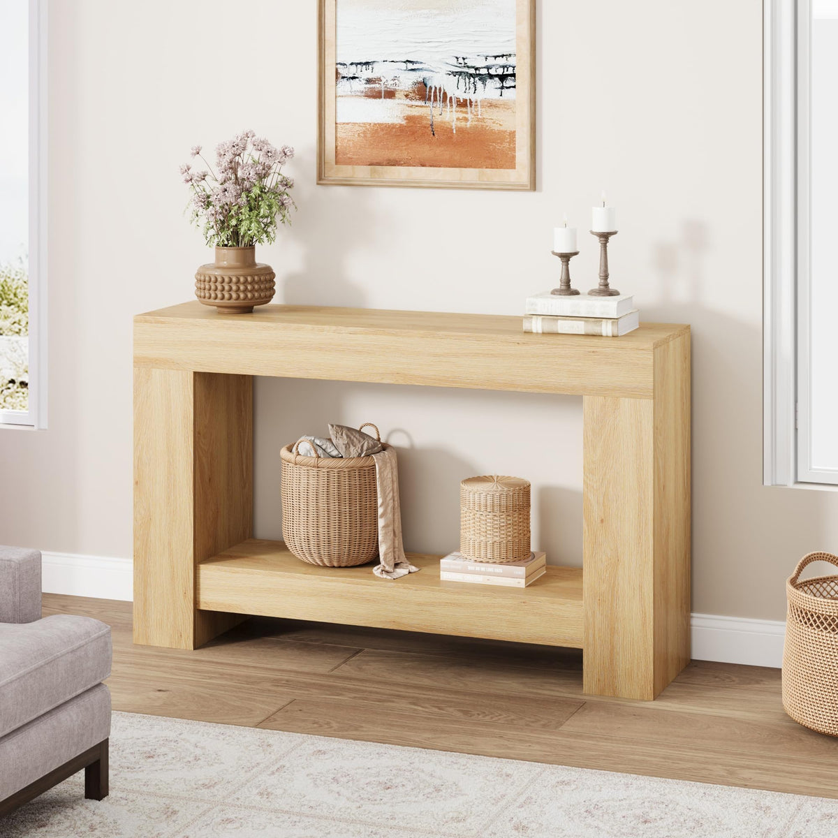 GarveeHome 47" Farmhouse 2-Tier Console Table for Entryway, Grey