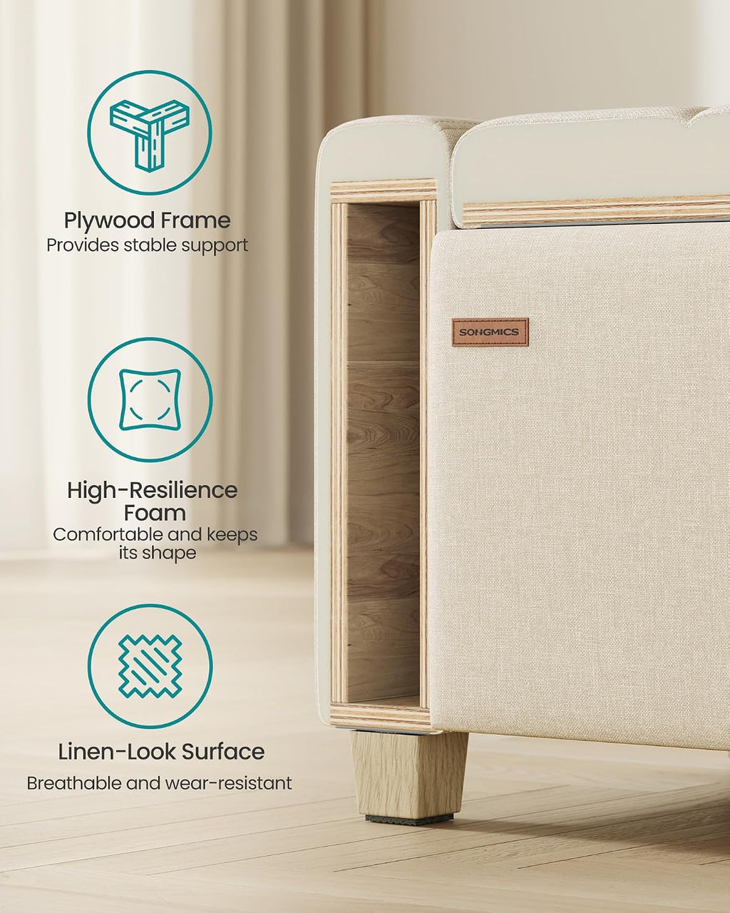 SONGMICS Storage Ottoman, 48 Inches Long Bed End Stool, Solid Wood Legs