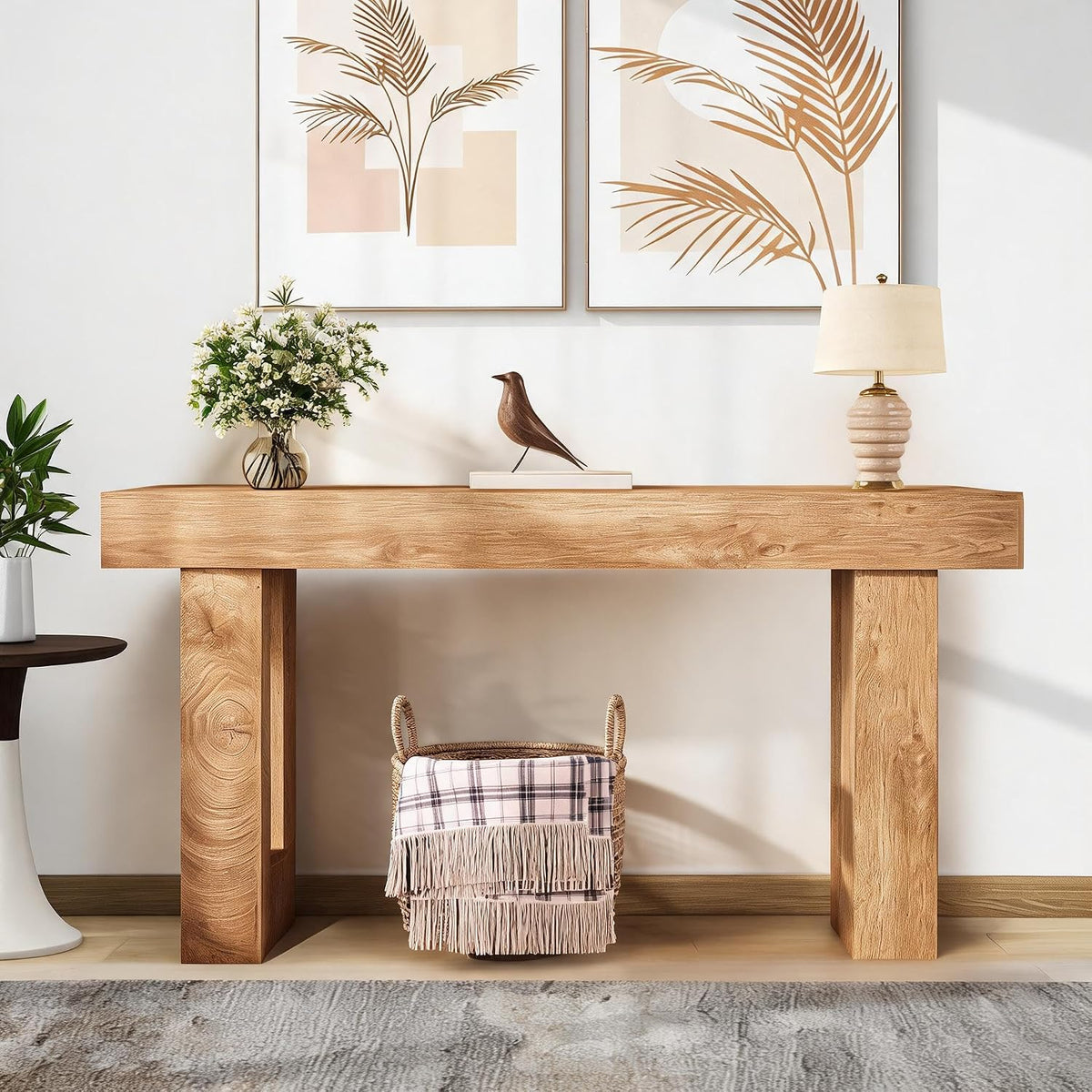 PlayfulPals 63 Inch Farmhouse Console Table, Wooden Rectangular Sofa Behind Couch, Long Entryway Table for Hallway Living Room, Natural