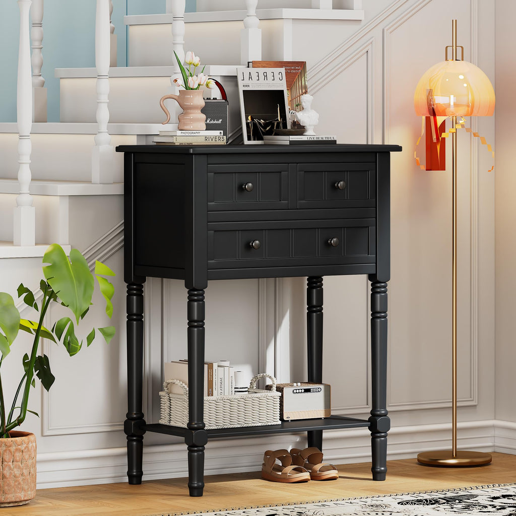 Knocbel Slim Antique Entry Console Table with 3 Drawers & Bottom Open Shelf, Solid Wood Narrow Sofa Couch Table for Entryway Hallway Living Room 23.7" W x 13" D x 31.4" H Natural