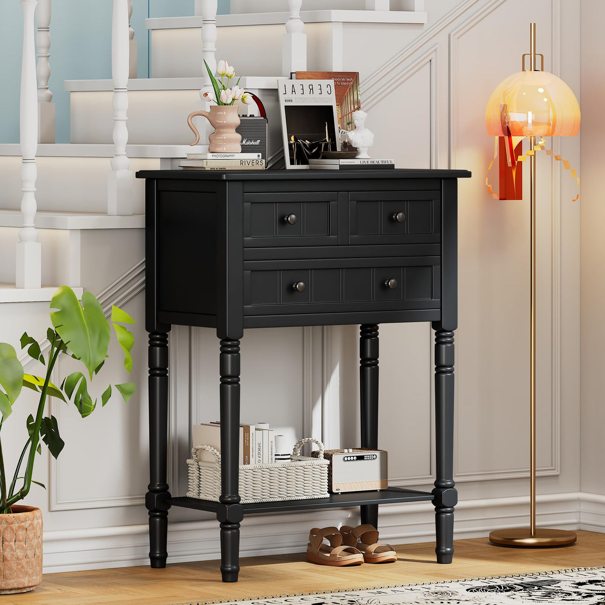 Knocbel Slim Antique Entry Console Table with 3 Drawers & Bottom Open Shelf, Solid Wood Narrow Sofa Couch Table for Entryway Hallway Living Room 23.7" W x 13" D x 31.4" H Natural