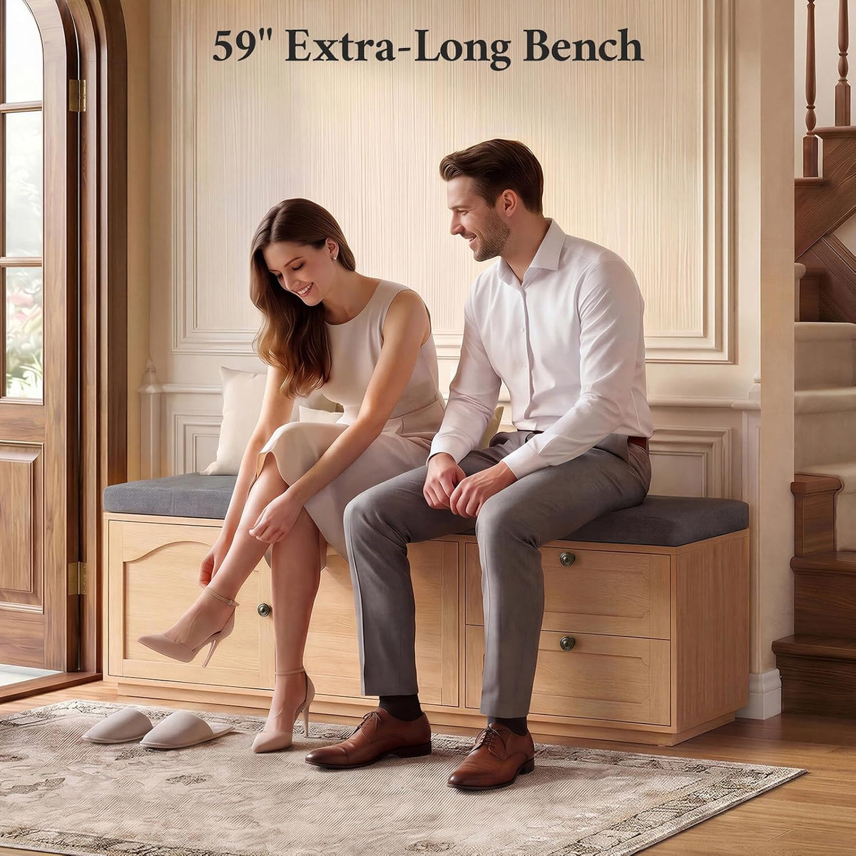 59" Storage Bench with Drawer, 2-Tier Shoe Bench with Storage, Long Entryway Bench, Thickened Cushion, Adjustable Shelf, Recessed Design for Entryway, Bedroom, Living Room, Natural
