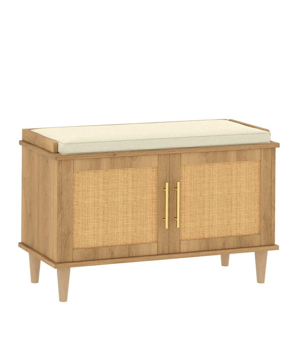 Akxomel 47.2" Rattan Shoe Storage Bench 4 Doors Wooden Entryway Bench Oak